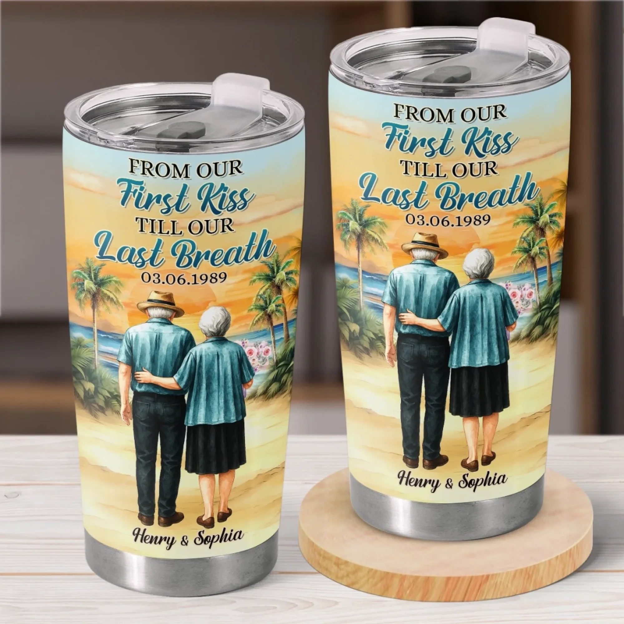 0aa6b161fed3c8049f5026c7e92ea589 Custom Tumbler - Personalized Anniversary Wedding Gifts For Husband And Wife, Him And Her - First Kiss, Endless Love Journey - 图片 1