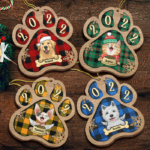 Personalized Custom Paw Shaped Wood Christmas Ornament - Dog, Cat And Snow - Plaid Buffalo Pattern - Customized Decoration And Year Gift For Pet Lovers
