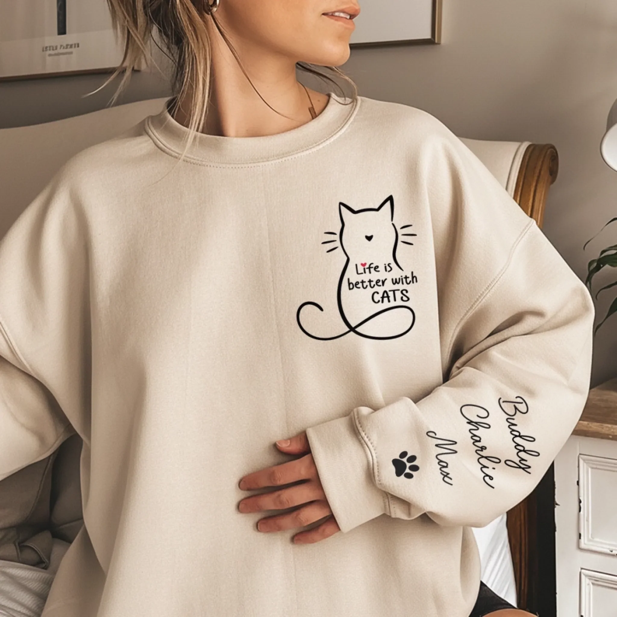 微信图片_20251217164539_346_5 Custom Unisex Sweatshirt, Hoodie With Design On Sleeve - Personalized Christmas Birthday Gifts For Cat Lovers, Cat Mom And Dad - Home Smells Like Cat Fur - 图片 1